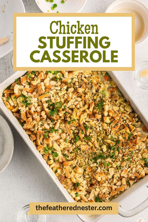 Looking for the comforting, hearty dish that’s quick, easy to whip up and guaranteed to please? Then look no further! This chicken stuffing casserole bake recipe is the perfect weeknight dinner solution. With savory Stove Top stuffing and shredded chicken, combined with a creamy mushroom sauce, everyone will want seconds of this chicken and dressing casserole. Rotisserie Chicken And Stove Top Stuffing Casserole, Canned Chicken Stuffing Casserole, Stove Top Dressing Casserole, Chicken Stuffing Balls, Chicken Pot Pie With Stove Top Stuffing, Easy Stuffing Casserole, Oven Chicken And Stuffing, Baked Chicken And Dressing, Chicken And Dressing Casserole Easy