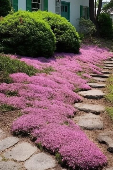 Creeping Thyme Lawn, Creeping Thyme Ground Cover, Thyme Ground Cover, Thyme Lawn, Thyme Garden, Moss Lawn, Grass Alternative, Lawn Ideas, Creeping Thyme