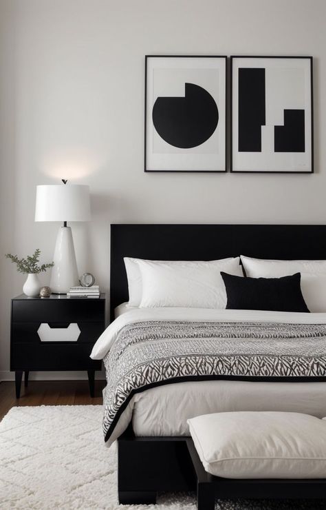 Create a sleek and modern bedroom by decorating the walls with an arrangement of black and white posters. Complement the aesthetic with minimalist furniture and add pops of color with decorative accents like throw pillows or rugs. Simple Black And White Bedroom, Black And White Room Ideas, Black And White Bedroom Aesthetic, White Room Ideas, Black And White Room Decor, Black And White Room, Black And White Bedroom, Black Living Room Decor, Modern Apartment Living Room