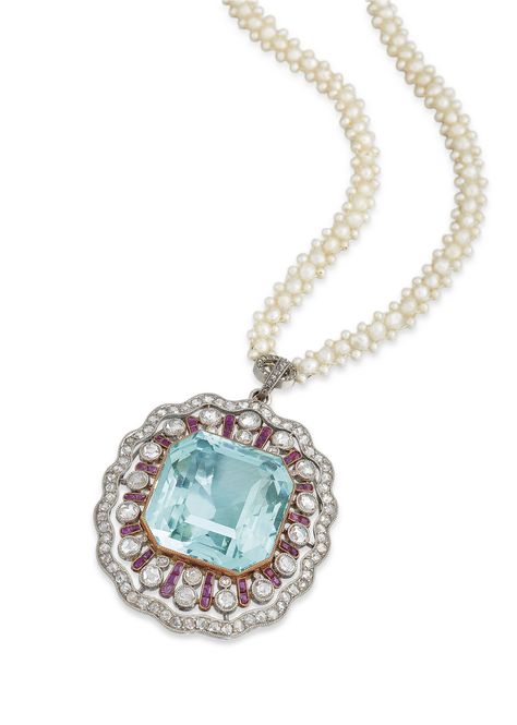 EARLY 20TH CENTURY AQUAMARINE, RUBY, DIAMOND AND PEARL PENDANT NECKLACE | necklace, aquamarine | Christie's Diy Jewelry Gift Box, Pendent Designs, 20th Wedding Anniversary, Gem Pendant, Rene Lalique, Aquamarine Necklace, Best Engagement Rings, Aquamarine Jewelry, Antique Vintage Jewelry