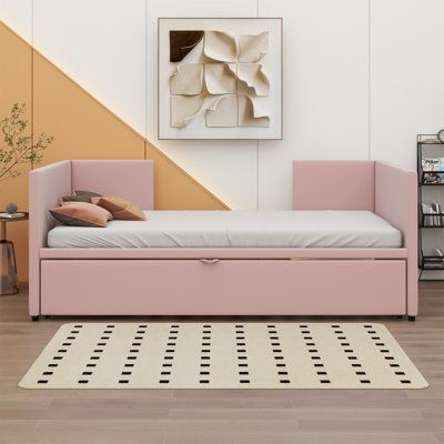 Upholstered Daybed with Pop-Up Trundle Bed, the perfect addition to any modern living space. Effortlessly transform your living room into a guest-ready haven with the hidden trundle bed that pops up smoothly, accommodating an extra sleeper with ease. Stylish and functional, this daybed is a stylish solution for small apartments or homes where every inch matters. Color: Pink | George Oliver Upholstered Daybed w / Pop Up Trundle Bed in Pink | Wayfair Donald Judd Daybed, Pop Up Trundle Bed, Trundle Bed Kids, Pop Up Trundle, Upholstered Daybed, Trundle Bed, Guest Bed, Pink Bedding, Small Apartments