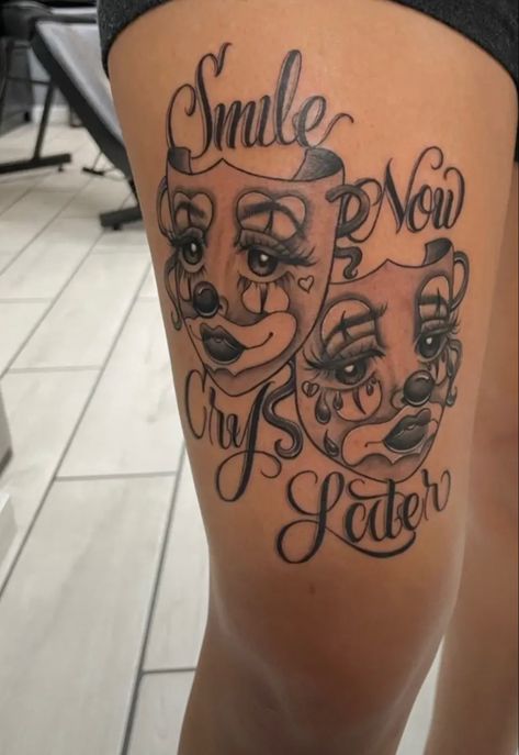 Cute Unique Thigh Tattoos, Knee Tattoo Female, Unique Baddie Tattoos, Chicana Hand Tattoos, Boss Tattoo Female, Love Now Cry Later Tats, No More Tears Tattoo, Laugh Now Cry Later Tats Feminine, Smile Now Cry Later Tats Women