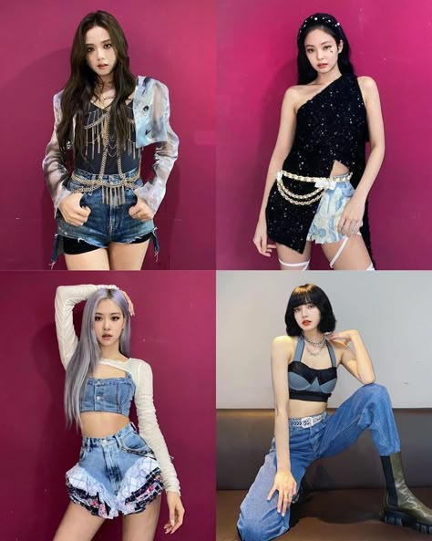 Blackpink Outfits Ideas, 4 Member Girl Group Outfits, 4 Member Girl Group, Girl Group Outfits, Stage Fashion, Pink Concert, Blackpink Outfits, Group Outfits, Kpop Concert Outfit