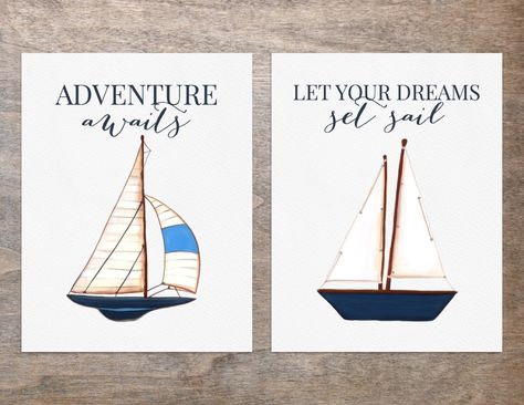 Watercolor Sailboat Prints | Nautical Baby Boy Nursery | Nautical Nursery Decor | Nautical Nursery Art | Adventure Awaits | SET OF TWO by ColorLovePrintCo on Etsy https://www.etsy.com/listing/400340151/watercolor-sailboat-prints-nautical-baby Boy Nursery Nautical, Watercolor Sailboat, Nautical Classroom, Nursery Nautical, Nautical Nursery Art, Nautical Nursery Decor, Fingerprint Tree, Art Adventure, Sailboat Print