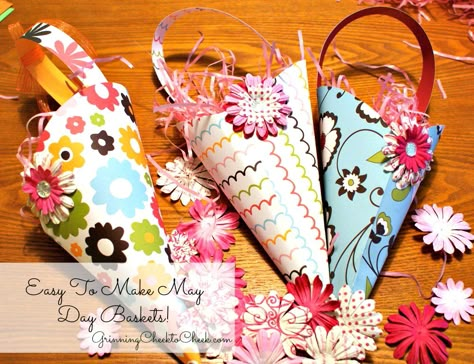 Easy to Make May Day Baskets!! - Grinning Cheek To cheek Mayday Baskets, May Day Crafts, May Day Ideas, May Basket, May Baskets, May Day Baskets, Diy Paper Art, Paper Cones, May Days