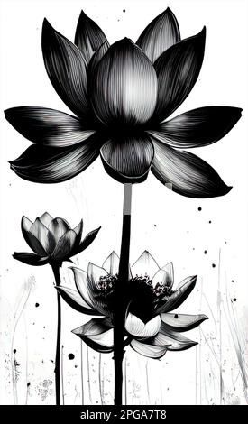 black and white drawing of a lotus flower close-up, monochrome graphics, art Stock Photo - Alamy Black Lotus Drawing, Dark Lotus Tattoo, Lotus Graphic, Black Lotus Tattoo, Lotus Drawing, Lotus Logo, Chinese Art Painting, Flower Close Up, White Drawing