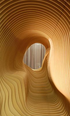 curves in wooden layers | Layered architecture, Architecture, Design Layered Architecture, Digital Fabrication, Parametric Design, Organic Architecture, Zaha Hadid, Mellow Yellow, Architecture Interior, Organic Shapes, Space Design