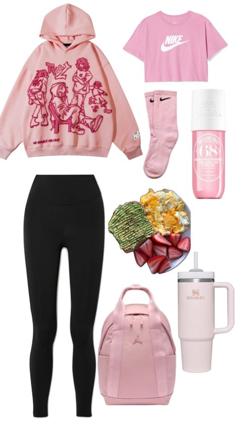 Pink outfit inspo Cute Pink Hoodie Outfit, Cute Pink Hoodie, Pink Hoodie Outfit, Cute Outfits With Leggings, Hoodie Outfit, Pink Outfits, Pink Outfit, Pink Hoodie, Outfits With Leggings