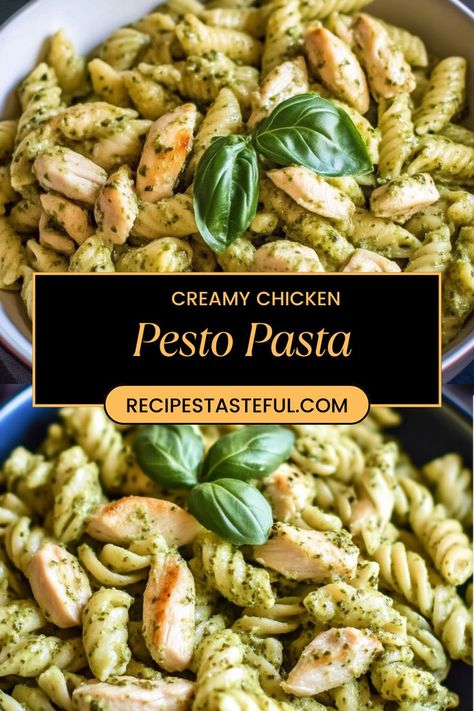 A rich and flavorful dish featuring tender chicken and al dente penne pasta coated in a creamy pesto sauce, garnished with fresh basil. Chicken Basil Pesto Recipes, Costco Pesto Recipes, Recipes With Basil Pesto, Pasta With Pesto Recipes, Penne Chicken Pasta, Chicken Pesto Pasta Recipes, Creamy Basil Pasta, Pesto Recipe Pasta, Pesto Penne Pasta