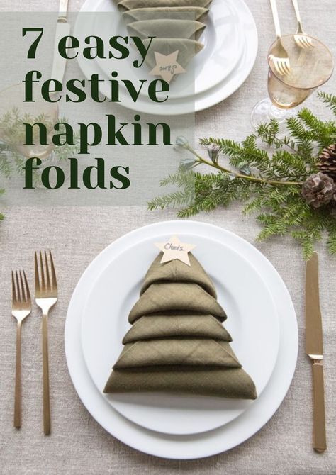 Quick and easy ideas for your holiday table setting. Take it to the next step effortlessly. Find out different ways on how to fold your napkins! Turkey Napkin Fold, How To Fold Napkins, Christmas Table Setting Ideas, Fold A Napkin, Christmas Tree Napkin Fold, Fold Napkins, Napkin Folding Ideas, Folding Ideas, Christmas Tree Napkins