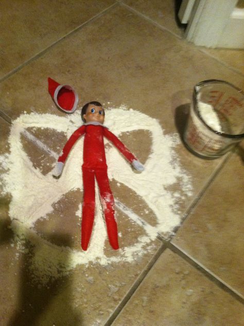 Elf making a snow angel (made out if flour) Paper Chain Christmas, Snow Elf, Marshmallow Snowman, Xmas Elf, Elf Fun, Snow Angel, Build A Snowman, Snow Angels, Elf On The Shelf Ideas