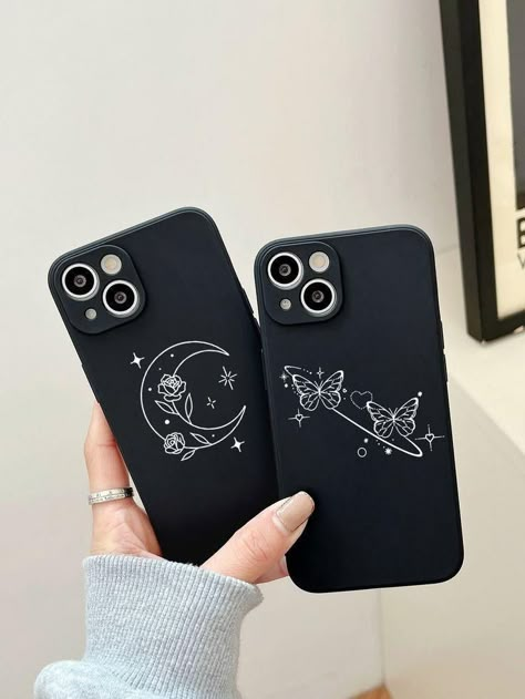 Best Friend Phone Cases For 2, Black Phone Case Aesthetic, Black And White Phone Case, Black Phone Cases, Phone Cases Aesthetic, Moon Butterfly, Phone Case Diy Paint, Diy Phone Case Design, Friends Phone Case