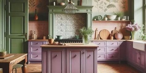 Indulgent Lavender and Green Kitchen: Creating a Serene Cooking Oasis When it comes to creating a re Lavendar Kitchen, Lilac Kitchen, Kitchen Purple, Lavender Kitchen, Practical Magic House, Witchy Kitchen, Purple Kitchen, Magic House, Green Kitchen Cabinets