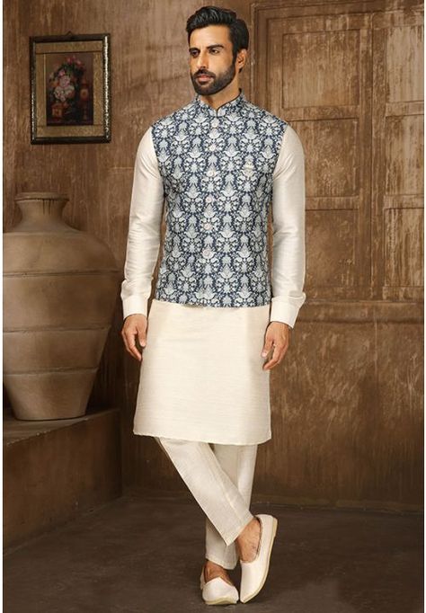 Cream Art Banarasi Silk Kurta Set with Jacket Kurta Pyjama With Jacket, Mens Wear Wedding, Men Kurta, Kurta Pyjama, Beige Art, Silk Kurta, Kurta Pajama, Silk Dupatta, Men's Wear