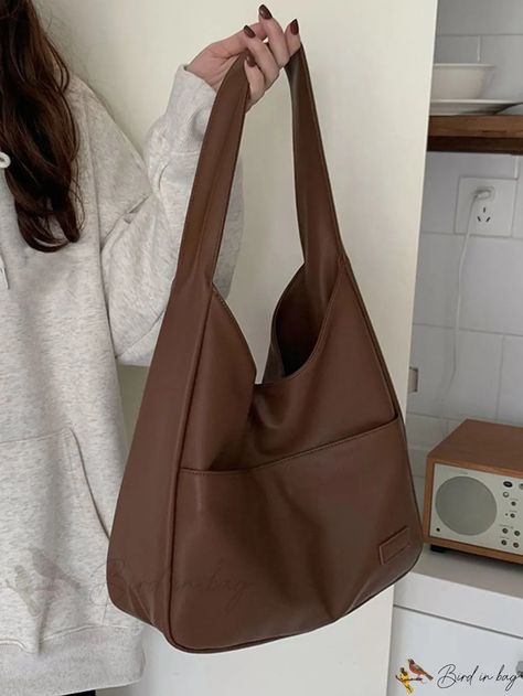 Bird in Bag - Leather Snap Button Hobo Bag Cute College Bags, Cool Bags Aesthetic, Cute Bags Aesthetic, College Bags For Women, Brown Bag Outfit, Simple Purses, Shein Bags, Bag Leather Women, Types Of Bags