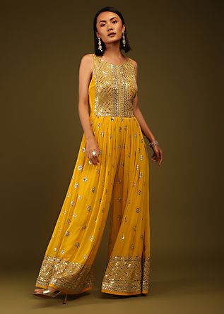 Ethnic Jumpsuit, Indian Jumpsuit, Jumpsuit Outfit Wedding, Georgette Palazzo, Turmeric Yellow, Modest Evening Dress, Palazzo Style, Frock Style, Yellow Jumpsuit