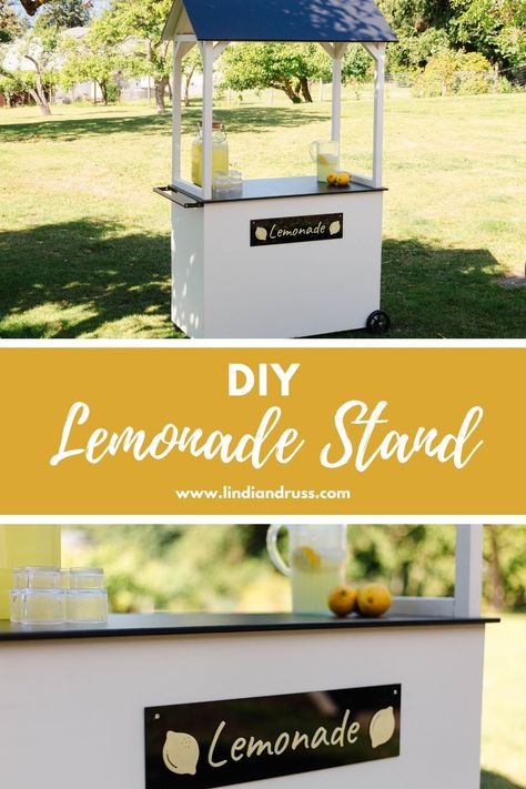 How to Make an Easy DIY Lemonade Stand! Grab the build plans and make this simple, modern farmhouse lemonade stand. Use it as a lemonade stand, a party candy cart, or a sales cart at the farmer's market! Easy to disassemble and roll into place because of the wheels and handle in the design. Fun for kids or adults! Enjoy your hot summer with lemonade! Lemonade Stand Plans, Easy Diy Lemonade Stand, Lemonade Stand Aesthetic, Lemonade Cart, Simple Modern Farmhouse, Kids Lemonade Stands, How To Make Lemonade, Diy Lemonade Stand, Kids Lemonade