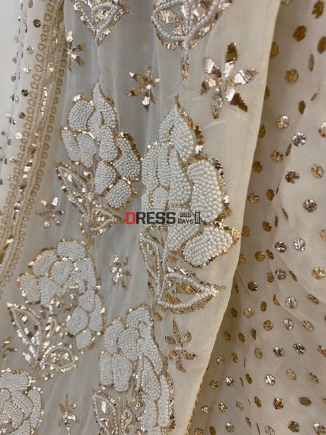 Hand Work Design, Pearl Work, Ivory Colour, Lehnga Dress, Hand Beaded Embroidery, Bridal Applique, Pearl Embroidery, Latest Dress Design, Georgette Dupatta