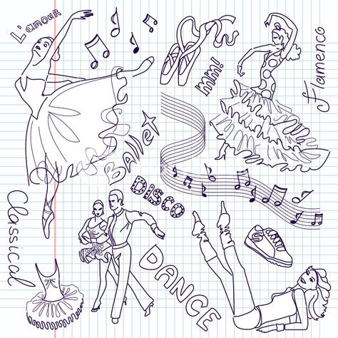 Dance Doodles Easy, Dance Journal Pages, Dance Doodle Art, Prom Doodles, Dance Doodles Simple, Dance Scrapbook Ideas, Dance Sketches Easy, Drawings Of Dancers, Dance Doodle