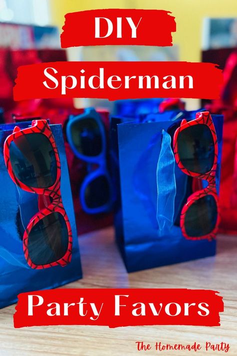 Party favors don't have to break the bank! Check out our affordable, DIY Spiderman party favors that will have all the kids talking. | thehomemadeparty.com | Spiderman Party Bags Ideas, Spiderman Birthday Party Favors Ideas, Spiderman Birthday Favors Ideas, Spiderman Fourth Birthday Party, Diy Spiderman Party Decorations, Spiderman Treat Bags, Spiderman Birthday Goodie Bags, Spiderman 5th Birthday Party Games, Superhero Party Bag Ideas