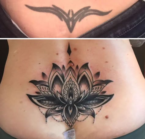 Womens Lower Back Tattoos Cover Up, Lower Back Feather Tattoos For Women, Cover Up Tattoo Lotus, Cover Up Lower Back Tattoo, Low Back Tattoo Cover Up Ideas For Women, Lower Back Cover Up, Low Back Tattoo Cover Up, Tattoo Ideas Female Lower Back Cover Up, Large Tattoo Ideas For Women