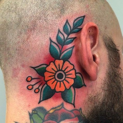 Traditional Flowers, Behind The Ear Tattoo, Tattoos Traditional, Traditional Tattoo Flowers, Tattoo Time, Traditional Flower, Tattoo Flowers, C Tattoo, Traditional Tattoos