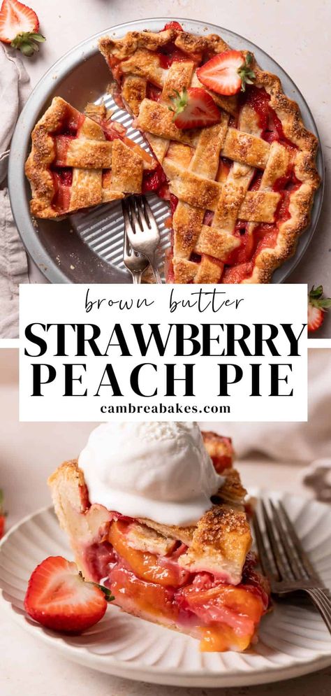 Strawberry Pie With Strawberry Crust, Peach Strawberry Dessert, Peach Strawberry Pie, Strawberry Peach Pie Recipes, Peach Pie Frozen Peaches, Pie For Easter, Peaches And Cream Pie Recipe, Strawberry Peach Recipes, Fresh Peach Pie Recipes Easy