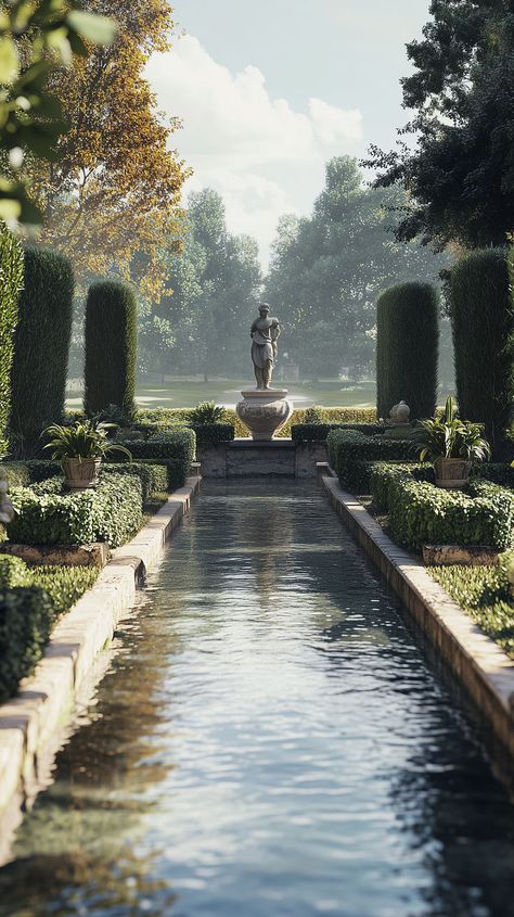 French formal garden with a rill water feature, beautiful landscape and classical sculptures Water Feature Design, French Fountains, French Formal Garden, French Garden Design, French Palace, Garden Water Feature, Palace Garden, Formal Garden, Reflecting Pool