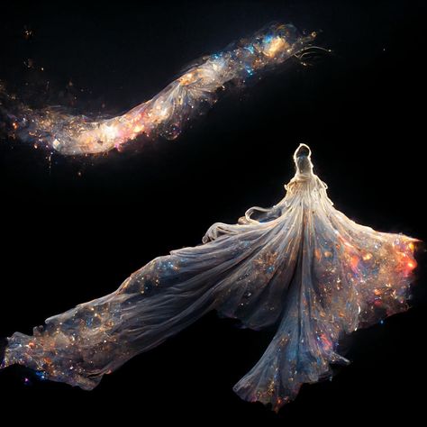 Art. AI Cosmic Dress Gowns, Fantasy Star Dress, Space Inspired Dress, Space Themed Dresses, Star Dress Gowns, Northern Lights Dress, Galaxy Themed Outfits, Galaxy Ball Gown, Nebula Outfit