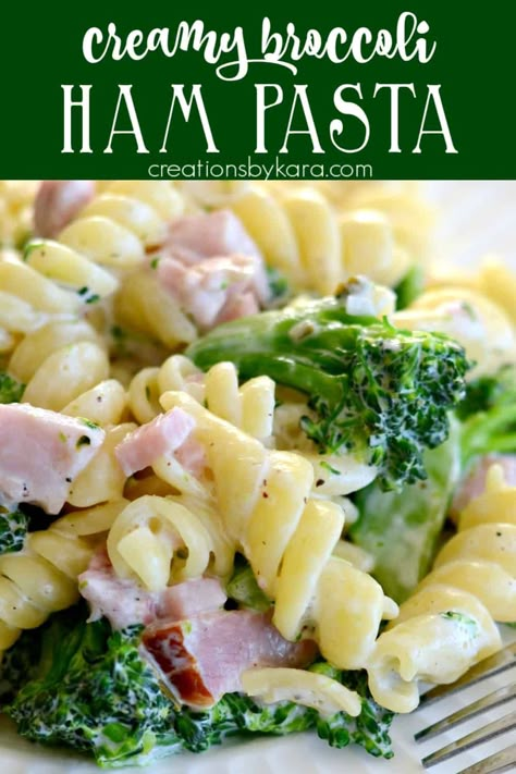 Super easy creamy ham broccoli pasta. A perfect easy dinner recipe for busy nights, and a great way to use up leftover ham! #pasta #broccolipasta #leftoverham Ham Broccoli Pasta Casserole, Ham Broccoli Pasta, Broccoli Ham Pasta, Ham Steak Pasta Recipes, Ham Pasta Recipes Dinners, Creamy Ham Pasta Recipes, Leftover Ham And Pasta Recipes, Pasta Recipes With Ham, Things To Do With Ham