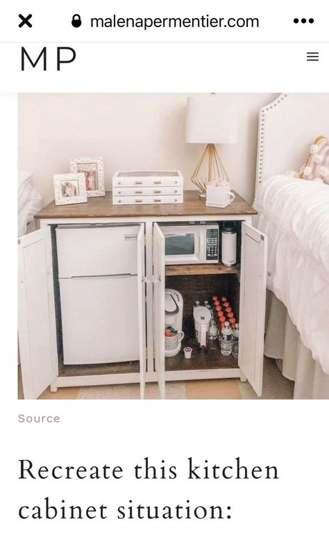 Mini Fridge And Microwave In Bedroom, Small Fridge In Bedroom, Hidden Mini Fridge In Bedroom, Dorm Nightstand, Hidden Fridge, Dorm Fridge, Desk Layout, Small Building, Dorm Room Inspo