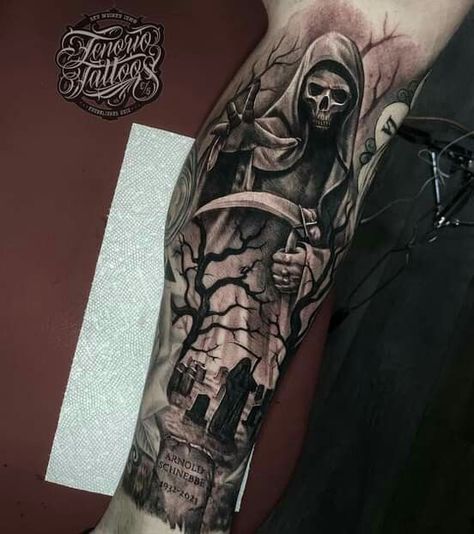 Black Metal Tattoo Ideas, Purgatory Tattoo, Graveyard Tattoo Design, Santa Muerte Tattoo, Graveyard Tattoo, Harley Tattoos, Half Sleeve Tattoos Forearm, Evil Skull Tattoo, Catrina Tattoo