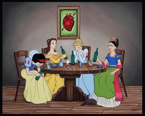 "Paloma Negra" Oil canvas by Jose Rodolfo Loaiza Onto veros | Frida Kahlo, Cinderella, Belle and Snowhite drinking over love. Dark Disney, Historical Artwork, Art Disney, الرسومات اللطيفة, Wine Bottles, Disney Wallpaper, Disney Art, The Wall, Fairy Tales