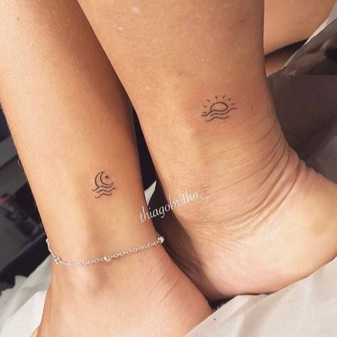 Cute Minimalist Matching Tattoos, Sun And Moon Wave Tattoo Matching, Sunshine And Moon Matching Tattoo, Sun And Moon Tattoo On Ankle, Sun And Moon Tattoo Mom And Daughter, Small Dainty Tattoos Matching, Sun Moon Tattoo Ankle, Mini Tats Sun, Sum And Moon Tattoo Matching