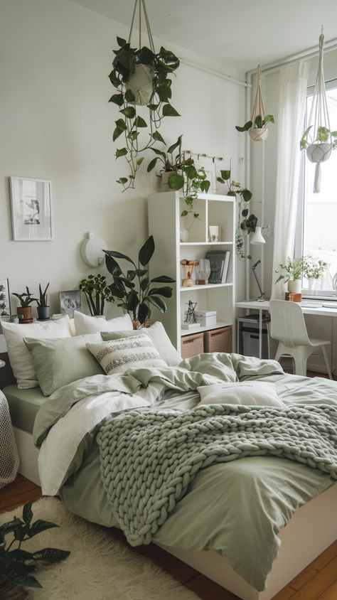 Infuse your bedroom with the elegance of sage green. Discover how to style this timeless hue for a cozy, modern look! 🛏️🌟  📌 Save this for your home refresh!  #BedroomGoals #SageGreenInspo #RelaxingHomes #InteriorStyle Green White Aesthetic Room, Green College Dorm Aesthetic, Green Plants Aesthetic Bedroom, Green Bedroom Aesthetic Cozy, Bedroom With Plants Aesthetic, Sage Green And White Bedroom, Sage Green Room Ideas Bedroom, Plant Bedroom Decor, Plants Bedroom Ideas