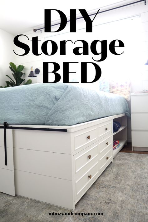 Storage Bed Queen Size, Beds With Cube Storage, Queen Size Bed With Storage Underneath, King Size Captains Bed Diy, Adult Raised Bed With Storage, Raised King Bed, Diy Queen Platform Bed With Storage, Loft Bed Dresser Underneath, Full Platform Bed With Drawers