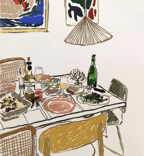 Table With Food Drawing, Eat Together, Arte Inspo, Arte Sketchbook, Pics Art, Art Journal Inspiration, Funky Art, 그림 그리기, Dinner Table