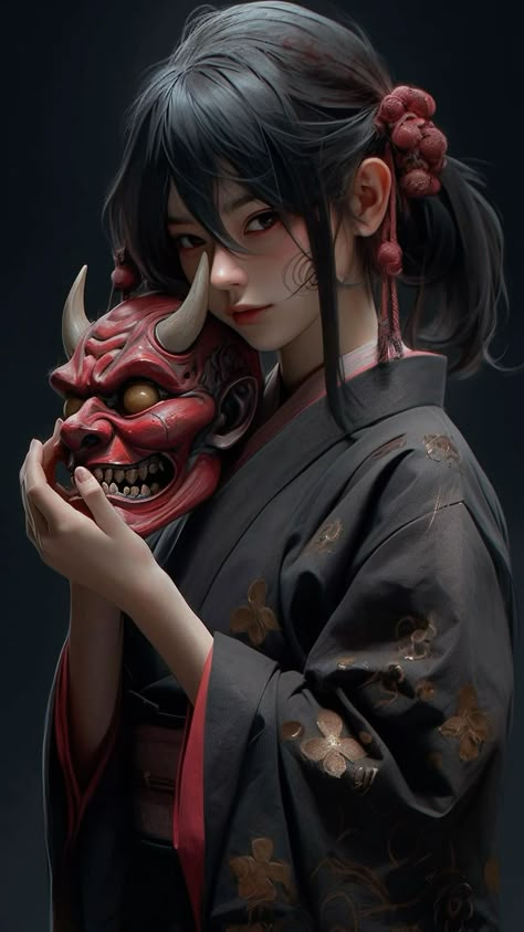 Oni Girl Art, Oni Female, Oni Woman, Female Oni, Female Samurai Art, Oni Girl, Japanese Oni Mask, Fantasy Samurai, Notan Art