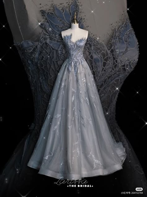 Dresses For Yule Ball, Fairytale Theme Prom Dress, Light Fantasy Outfit, Light Blue Ball Dress, Yule Ball Dress Blue, Yule Ball Dress Aesthetic, Blue And Silver Gown, Ball Dress Aesthetic, Yule Ball Dress Ideas