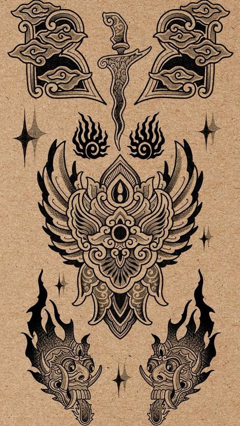 Indonesian Tattoo Traditional Java, Thai Demon Tattoo, Java Tattoo, Bali Tattoo Ideas, Indonesian Tattoo, Wayang Bali, Abs Tattoo, Balinese Tattoo, Hamsa Tattoo Design