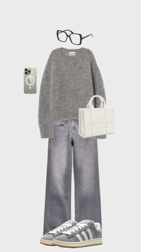 Simple Outfits For Winter Casual Styles, How To Style Grey Sweater, What To Wear With Gray Jeans, Us Polo Outfit Women, Jersey Gris Outfits, Pants For Big Thighs, Grey And White Outfits, Jean Gris Outfit, Grey Shoes Outfit