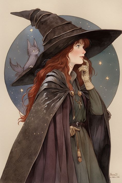 Big Witch Hat Drawing, Fantasy Witch Art, Witch Character Art, Redhead Art, Magic Runes, Autumn Witch, Witch Pictures, Fantasy Witch, 동화 삽화