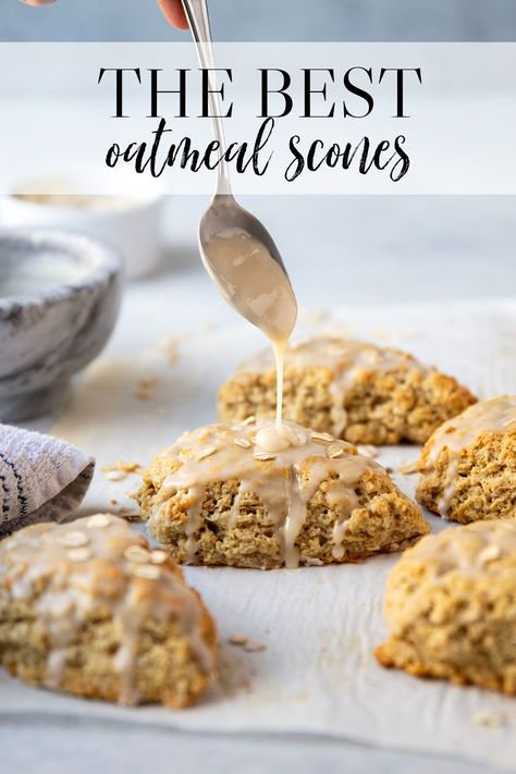 Packed with tender oats and drizzled in a sweet maple glaze, these scones are soft, flaky, and truly the best ever! Oatmeal Raisin Scones, Oatmeal Scones Healthy, Maple Oat Scones, Amaretto Scones, Oatmeal Scones Recipe, Scone Recipe With Heavy Cream, Maple Oatmeal Scones, Scones Recipe Healthy, Protein Scones