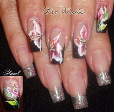 Acrylic nails by Lisa Korallus Stargazer Lilly, Lily Nails, Nail Enhancements, X Nails, Floral Nail Designs, Stargazer Lily, Nail Pictures, Floral Nail, Floral Nail Art