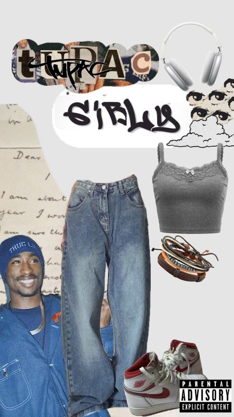 #tupac #2pac #hiphop #y2k #outfitinspo #90saesthetic #90shiphop 2pac Style, 90's Outfit, Hiphop Y2k, 90s Hiphop, 90’s Aesthetic, Clothes Aesthetic, Parental Advisory Explicit Content, Tomboy Fashion, Tupac