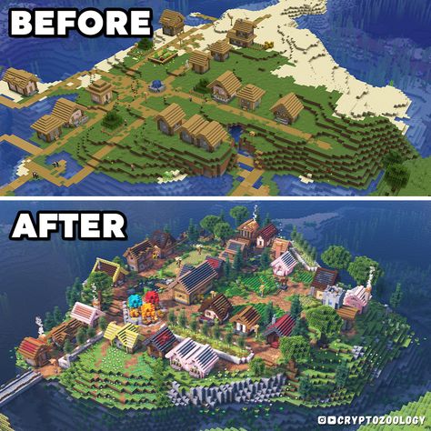 Check out the full Minecraft Village Transformation on my YouTube channel! Village Minecraft Layout, Minecraft Village Planning, Kingdom Minecraft Ideas, Minecraft Build Ideas Village, All Biomes Minecraft, Minecraft Village Marketplace, Upgrade Minecraft Village, Modern Village Minecraft, How To Make A Minecraft Village