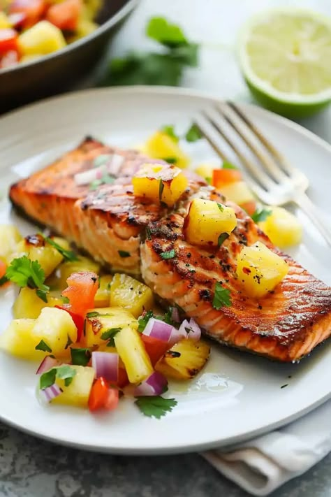 Caribbean Salmon Recipes, Salmon And Pineapple Recipes, Salmon With Salsa Recipes, Salmon With Pineapple Recipes, Salmon Pineapple Recipes, Pineapple Salmon Recipes, Salmon Pineapple Salsa, Mango Salsa With Salmon, Pineapple Salsa For Fish