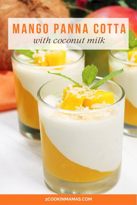 Whip up a light and refreshing dessert! This mango panna cotta recipe bursts with citrus flavors and is layered with vanilla coconut cream. This easy panna cotta recipe looks and tastes like an indulgent delicacy, but is surprisingly simple to make. The white coconut cream, lightly flavored with vanilla, perfectly accentuates the bright orange layer beneath. Panna cotta with mango will quickly become your go-to summer dessert. #mangopannacotta #mangopannacottarecipe #pannacottawithmango Coconut Milk Panacotta Recipe, Coconut Panacota Recipe, Mango Panacotta Recipe Easy, Mango Panacotta Recipe, Panacota Recipe, Mango Panacotta, Mango Panna Cotta Recipe, Easy Panna Cotta, Easy Panna Cotta Recipe