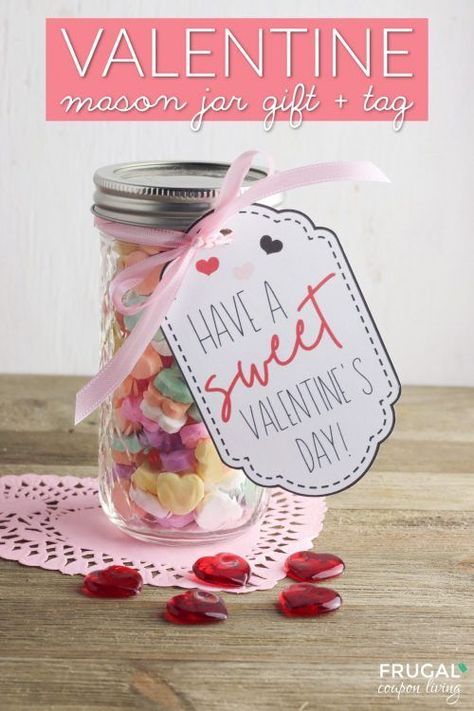 Create this DIY Mason Jar Gift for Teachers this Valentine's Day. Print this Valentine Gift Tag using a printer or Cricut Design Space. Create an adorable Teacher Gift Idea for Valentine's Day. More Teacher Valentine Printables and February Teacher Appreciation Ideas | Teacher Gift Guide #FrugalCouponLiving #ValentinesDay #TeacherAppreciation #printables #teachervalentines #Valentines #printablevalentines #gifttag #masonjar #masonjargifts#teachervalentineprintables #teacherappreciationprintables Cricut Valentine Ideas, Mason Jar Gift Tags, Cricut Valentines Projects, Valentine Mason Jar, Valentine Printables, Easy Valentine Crafts, Teacher Valentine Gifts, Valentines Gift Tags, Valentine Projects