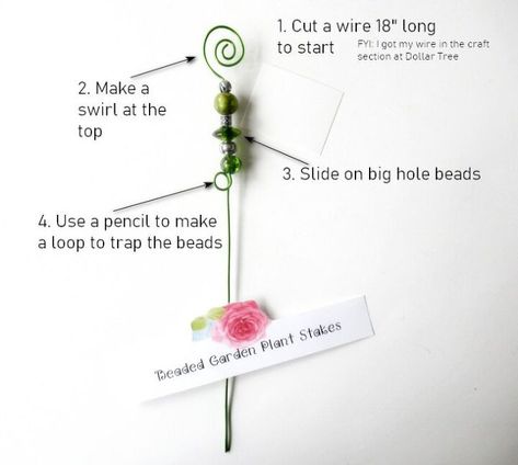 Garden Bead Sticks, Plant Stakes Diy How To Make, Bead Plant Stakes, Plant Stakes Decorative Diy, Garden Bead Art, Plant Sticks Diy, Decorative Garden Stakes Diy, Beaded Plant Stakes Diy, Beaded Fairy Garden Stakes Diy